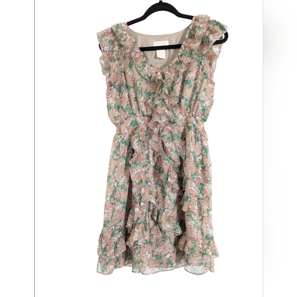 MM Couture Tan and Green‎ Ruffled Tiered Dress